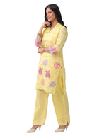 Pastel Yellow Floral Appliqué Kurta Pant Set