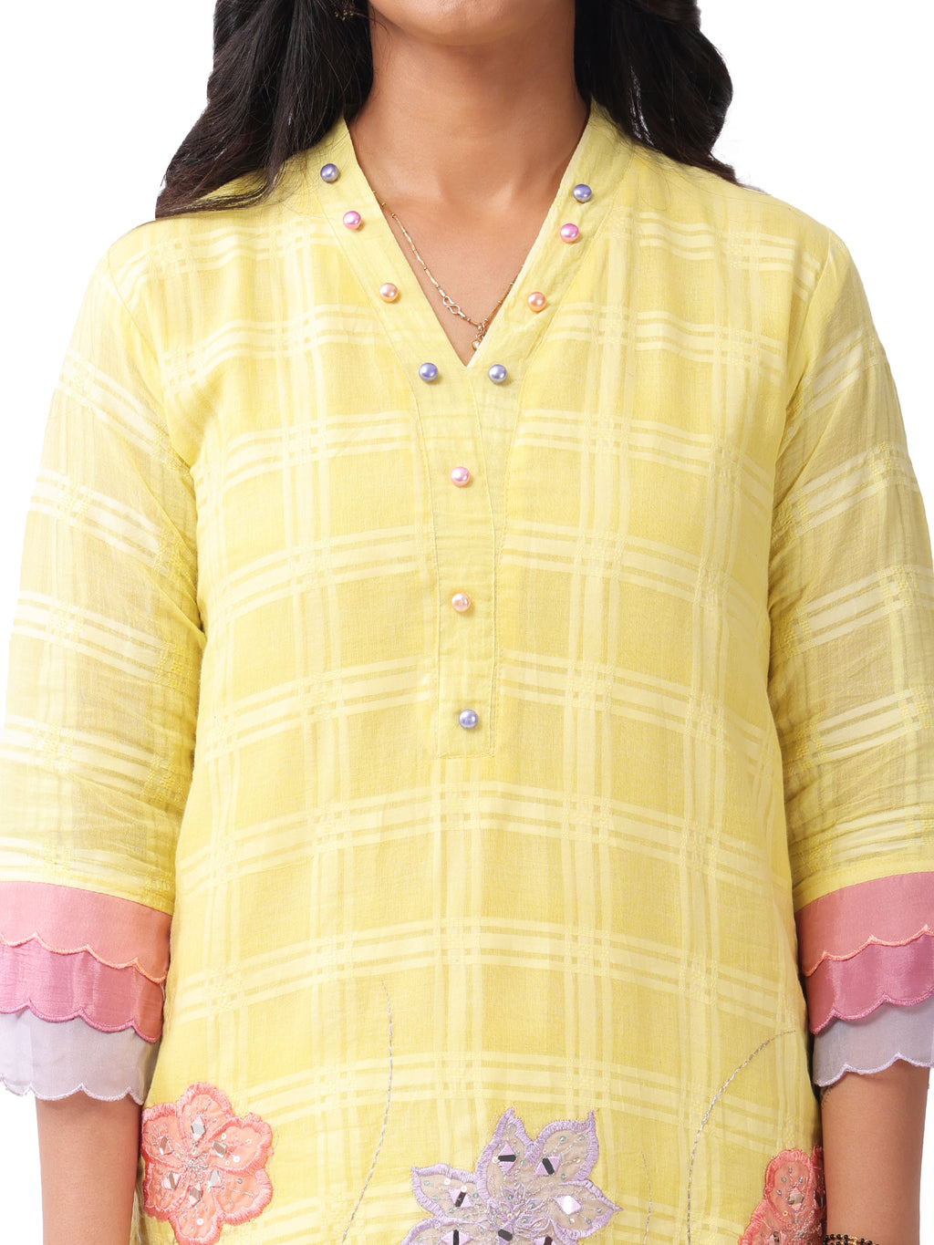 Pastel Yellow Floral Appliqué Kurta Pant Set