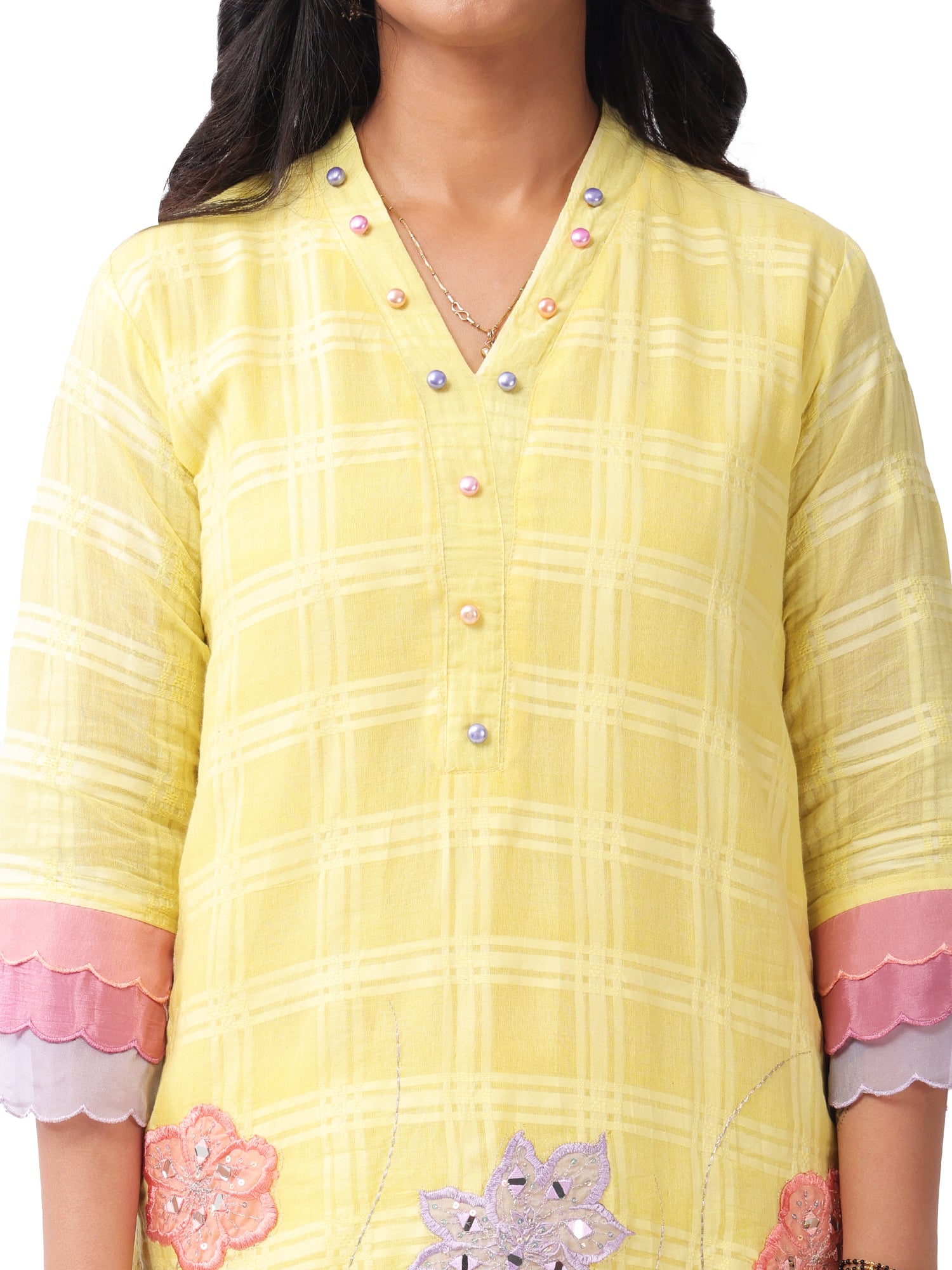 Pastel Yellow Floral Appliqué Kurta Pant Set