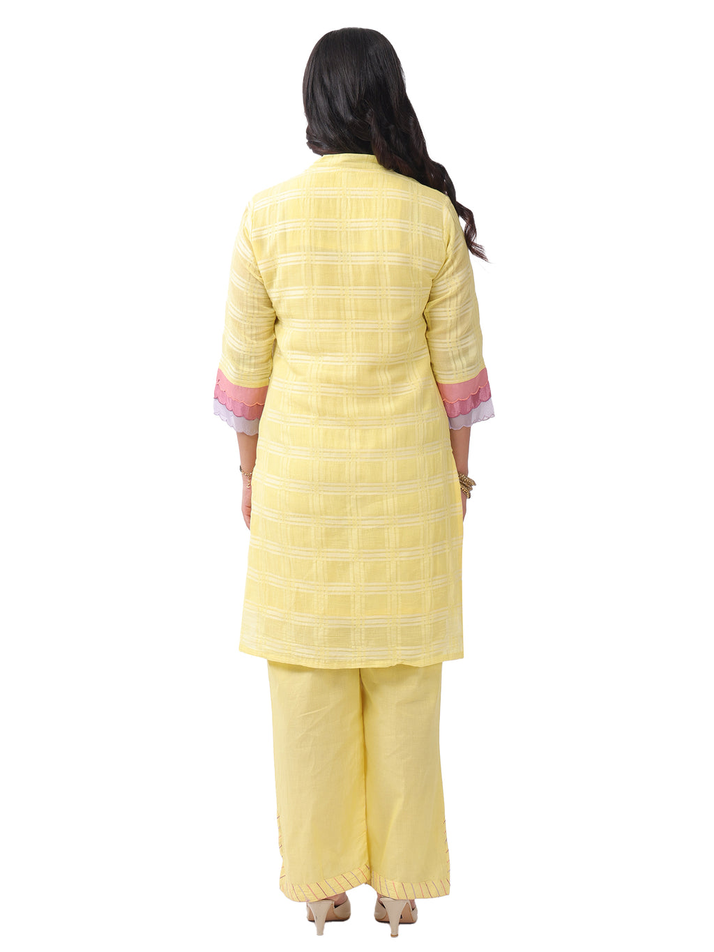 Pastel Yellow Floral Appliqué Kurta Pant Set