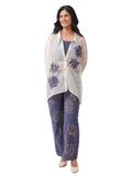 Blue Embroidered Denim Co-Ord Set with Spaghetti Top & Designer Oversized Convertible Collar Organza Shrug