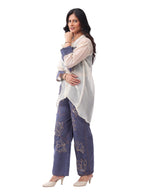 Blue Embroidered Denim Co-Ord Set with Spaghetti Top & Designer Oversized Convertible Collar Organza Shrug