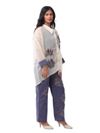 Blue Embroidered Denim Co-Ord Set with Spaghetti Top & Designer Oversized Convertible Collar Organza Shrug