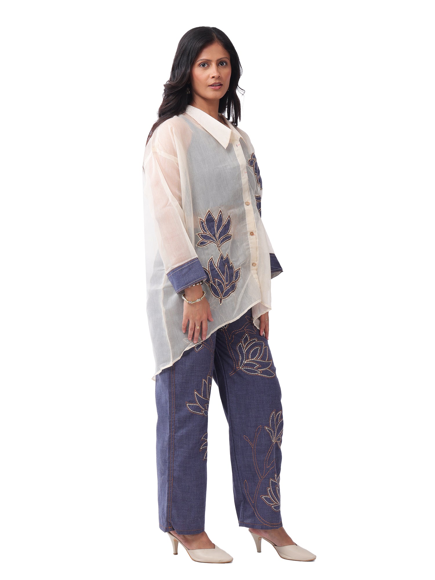 Blue Embroidered Denim Co-Ord Set with Spaghetti Top & Designer Oversized Convertible Collar Organza Shrug