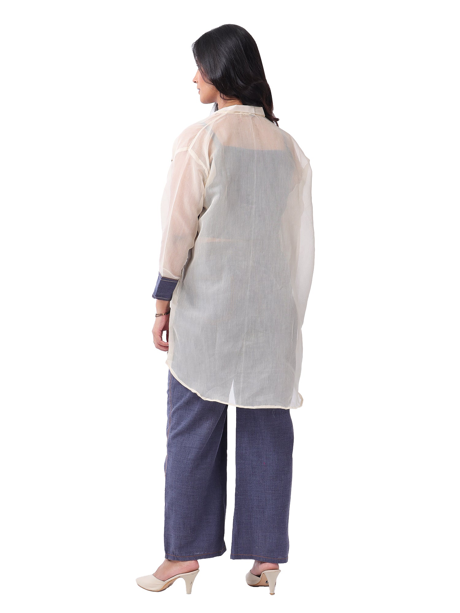 Blue Embroidered Denim Co-Ord Set with Spaghetti Top & Designer Oversized Convertible Collar Organza Shrug