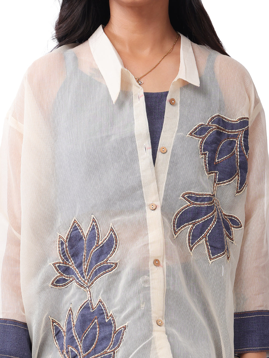 Blue Embroidered Denim Co-Ord Set with Spaghetti Top & Designer Oversized Convertible Collar Organza Shrug