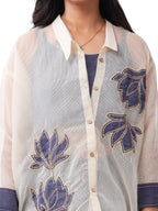 Blue Embroidered Denim Co-Ord Set with Spaghetti Top & Designer Oversized Convertible Collar Organza Shrug