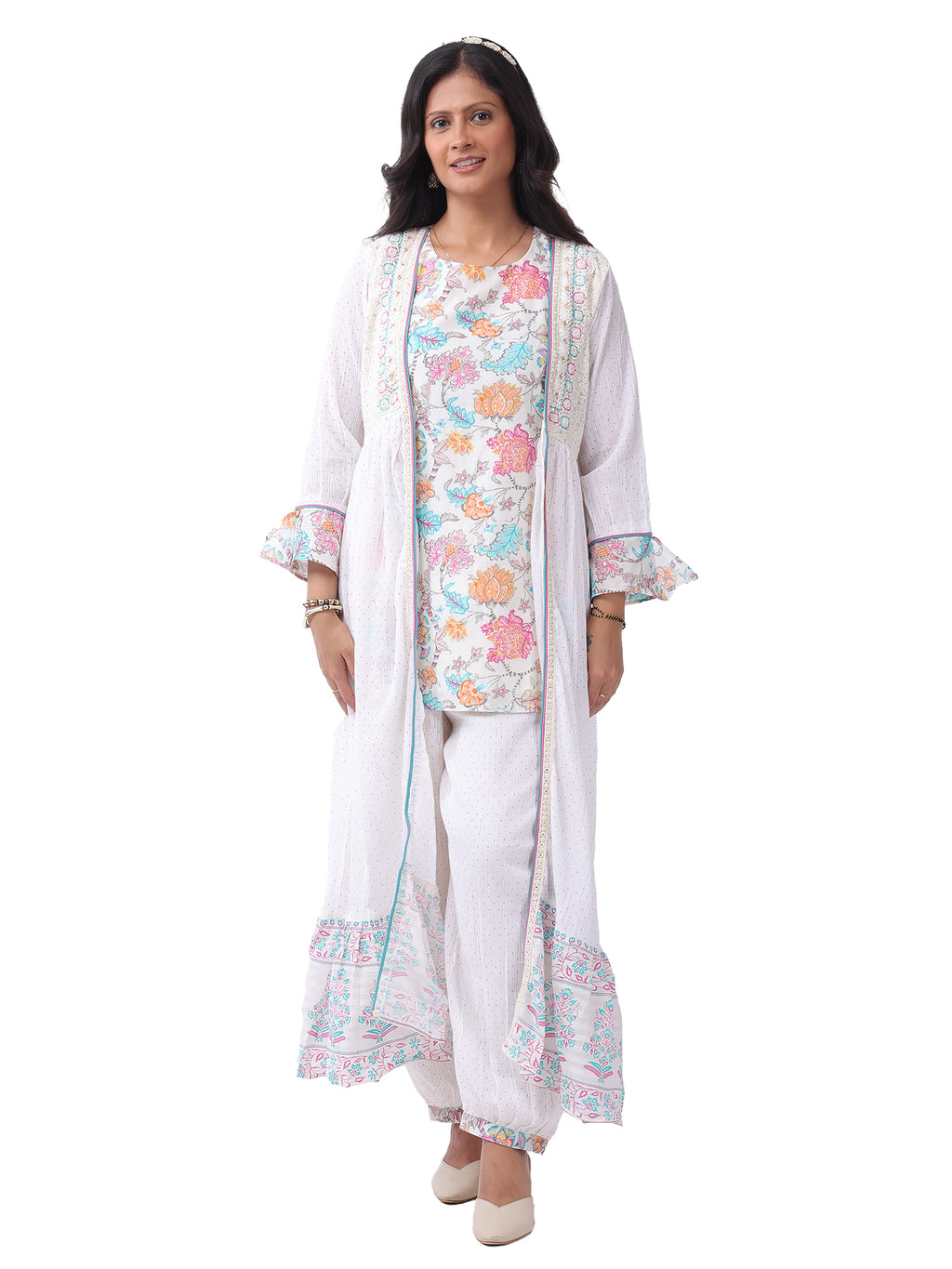 Women's Premium Cotton Slub Floral Printed 3-Piece Co-ord Set with Long Shrug | Designer Ethnic Lounge Wear