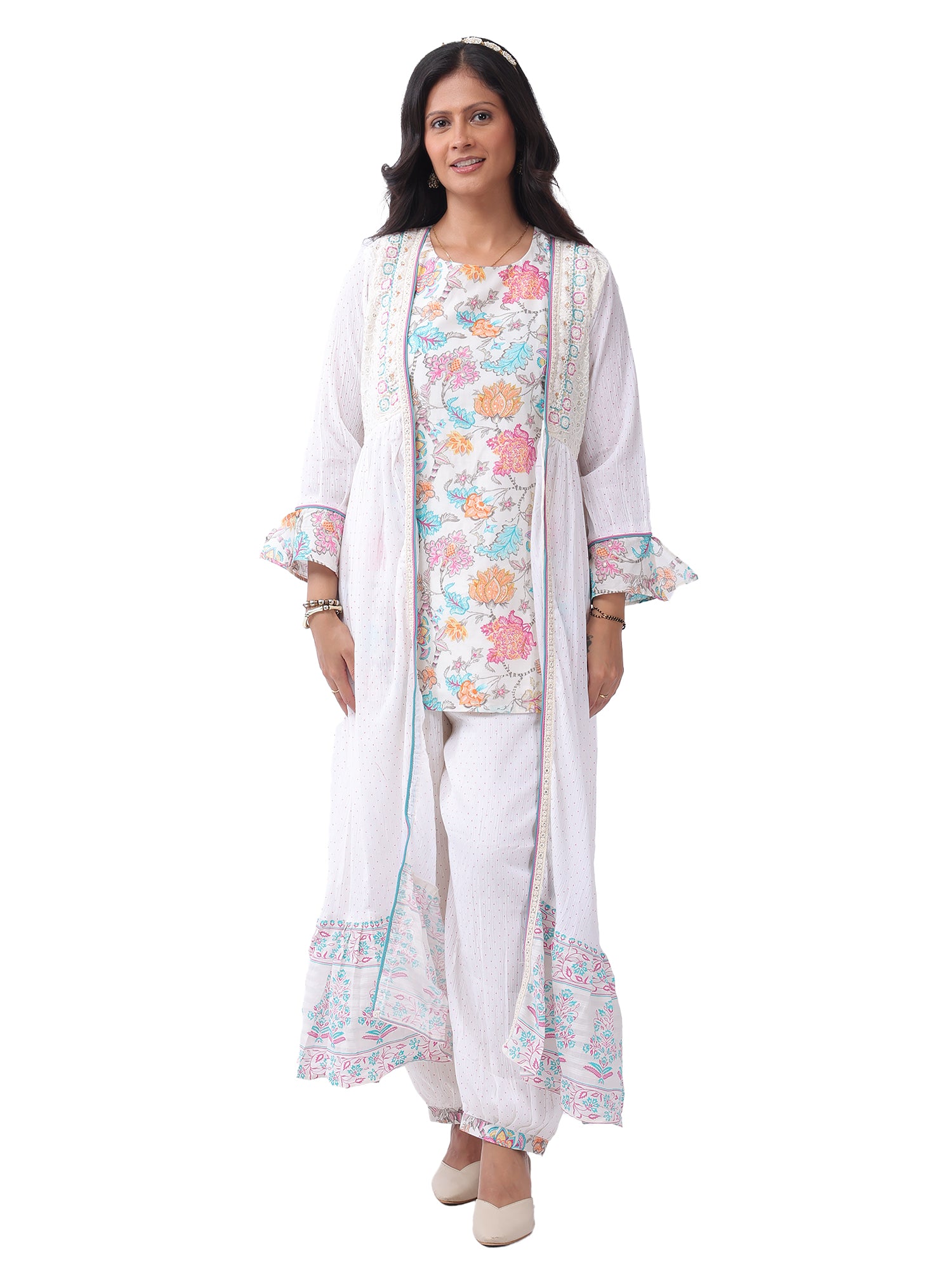 Women's Premium Cotton Slub Floral Printed 3-Piece Co-ord Set with Long Shrug | Designer Ethnic Lounge Wear