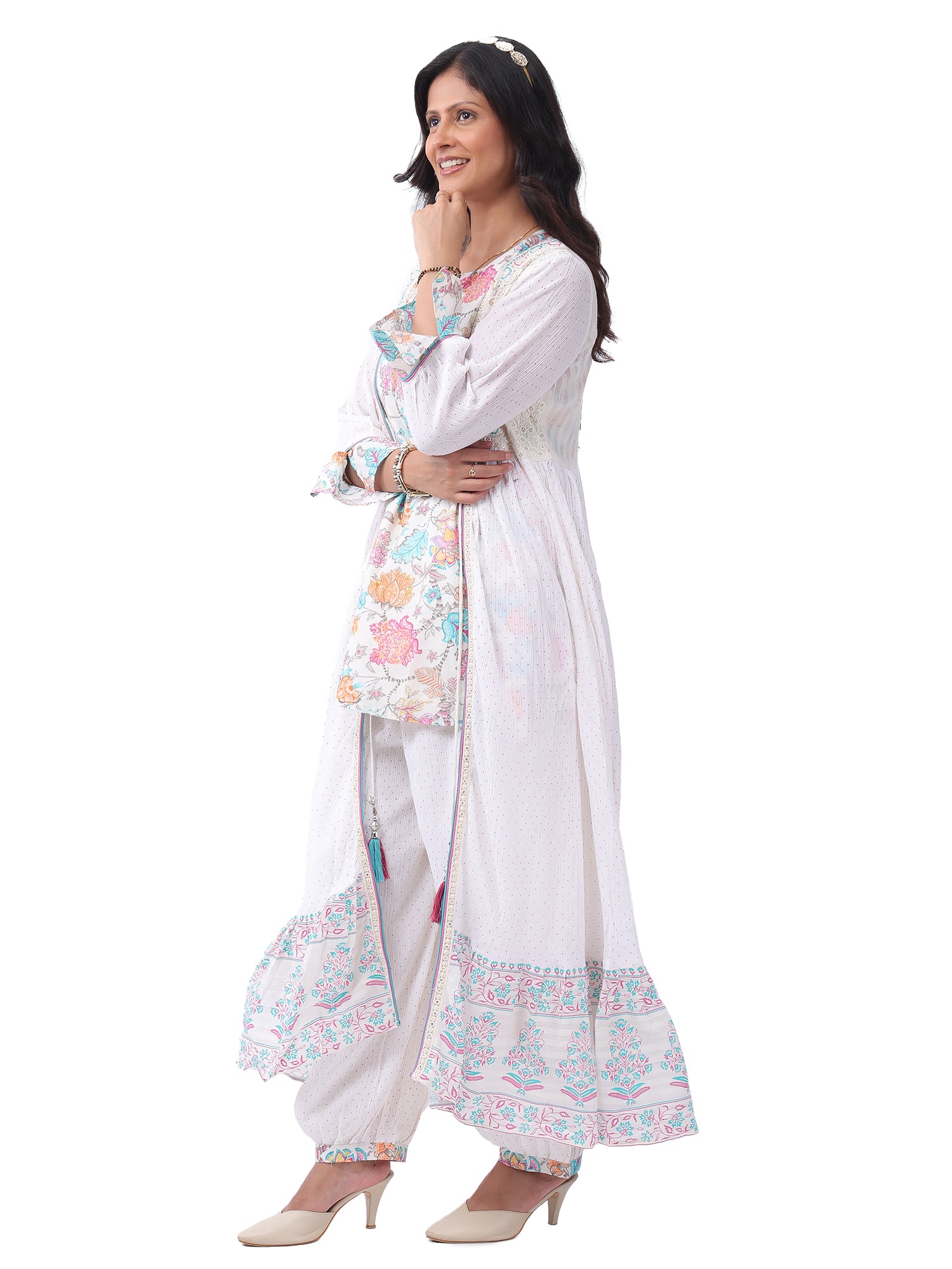 Women's Premium Cotton Slub Floral Printed 3-Piece Co-ord Set with Long Shrug | Designer Ethnic Lounge Wear