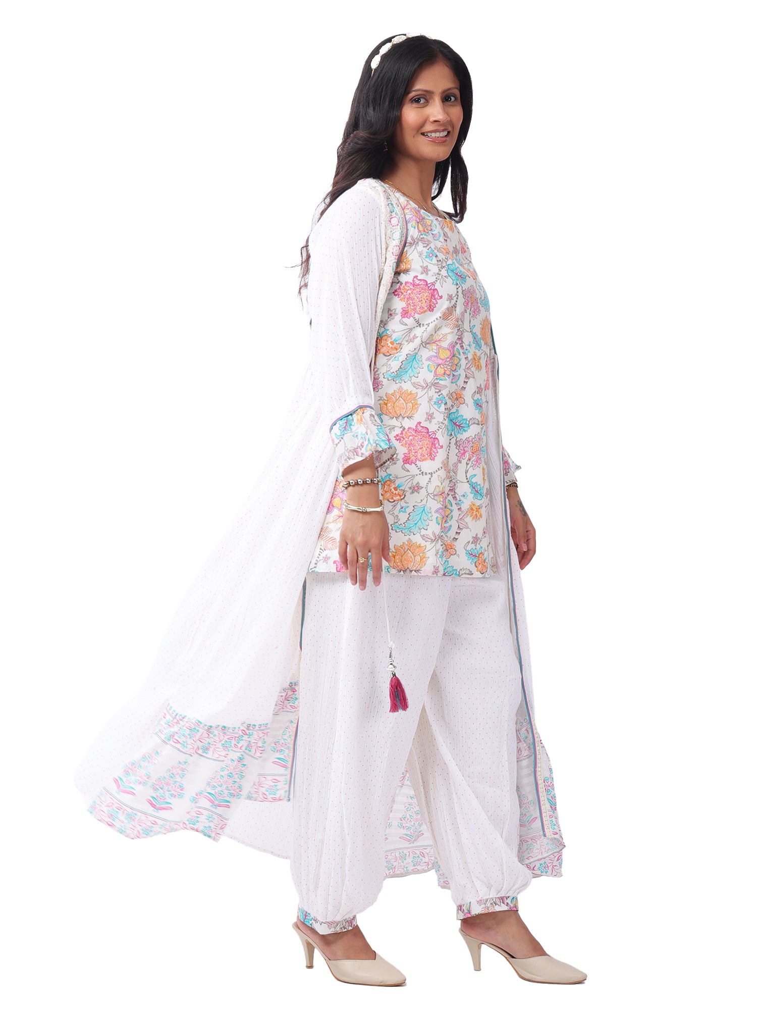 Women's Premium Cotton Slub Floral Printed 3-Piece Co-ord Set with Long Shrug | Designer Ethnic Lounge Wear