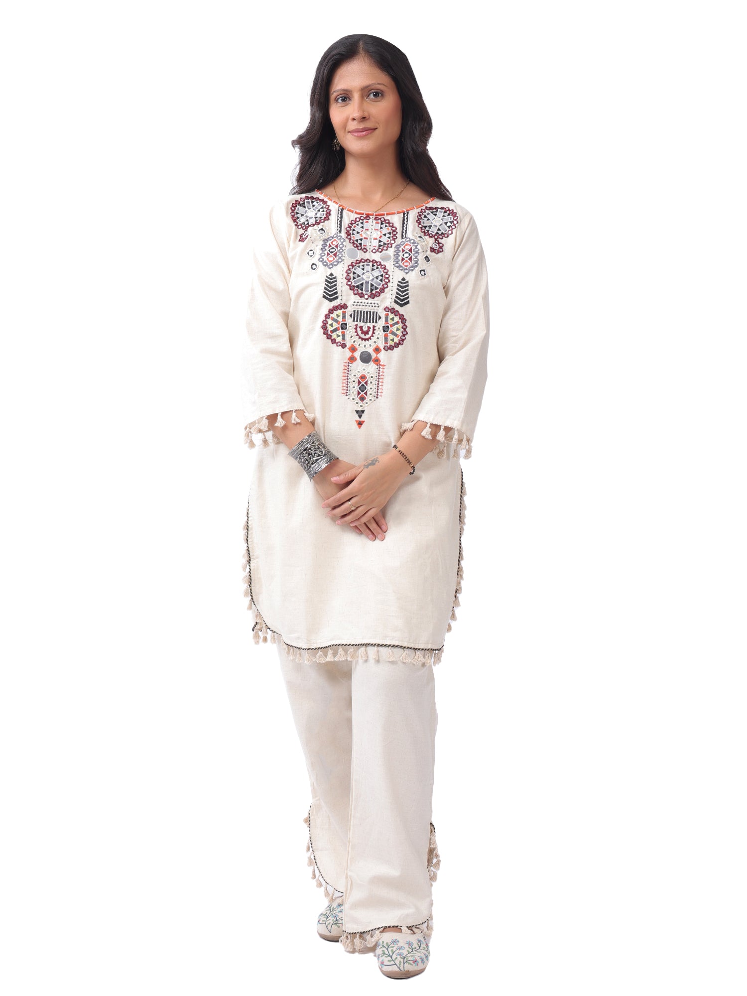 Fash'O'Holic Women's Premium Ivory Embroidered Cotton Kurta Pant Set