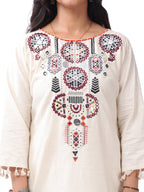 Fash'O'Holic Women's Premium Ivory Embroidered Cotton Kurta Pant Set