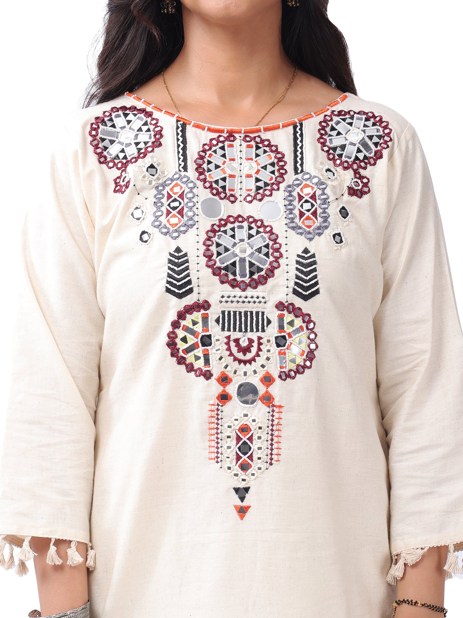 Fash'O'Holic Women's Premium Ivory Embroidered Cotton Kurta Pant Set