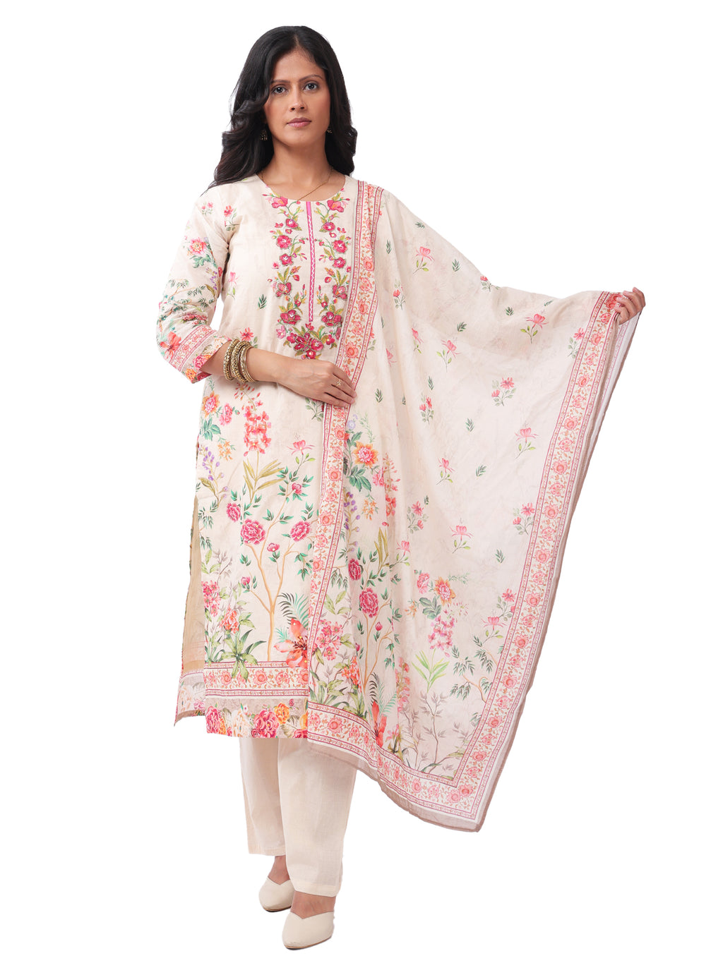 FOH Ivory Floral Printed Kurta Set with Dupatta