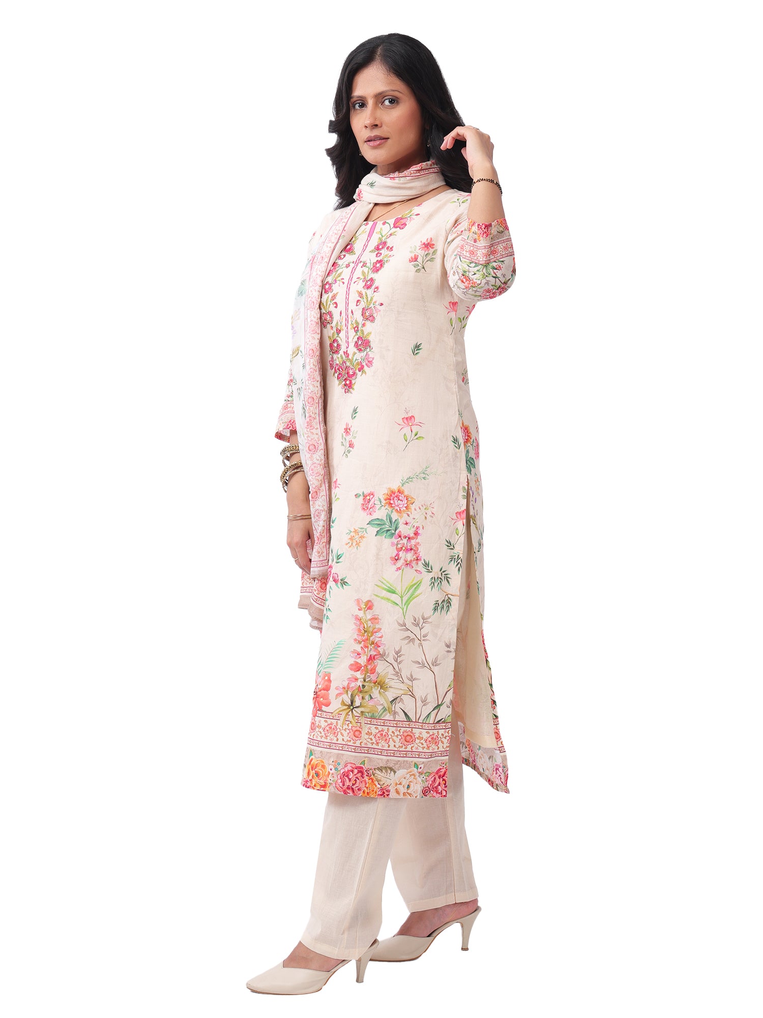 FOH Ivory Floral Printed Kurta Set with Dupatta