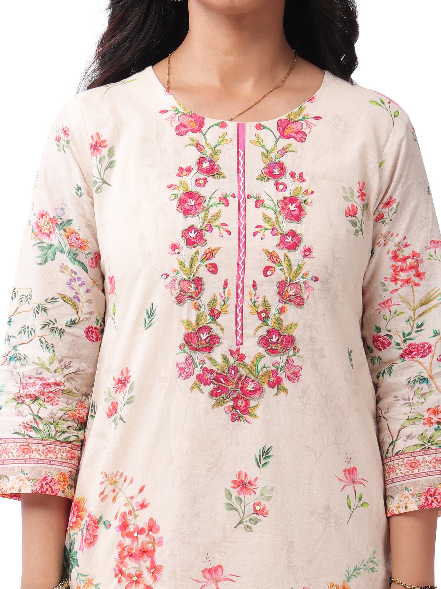 FOH Ivory Floral Printed Kurta Set with Dupatta
