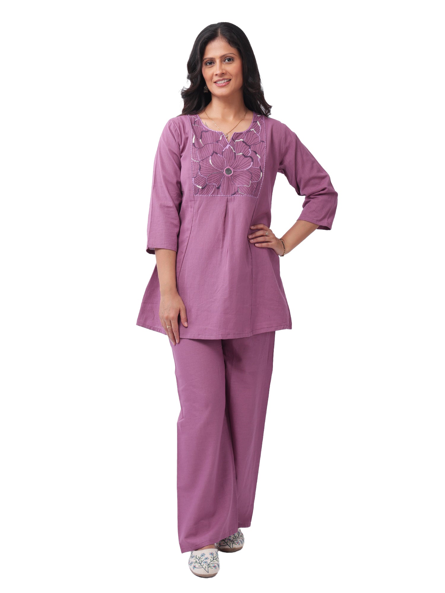 Women's Premium Cotton Embroidered Co-Ord Set | Floral Yoke Kurta with Wide Leg Pants | Mauve