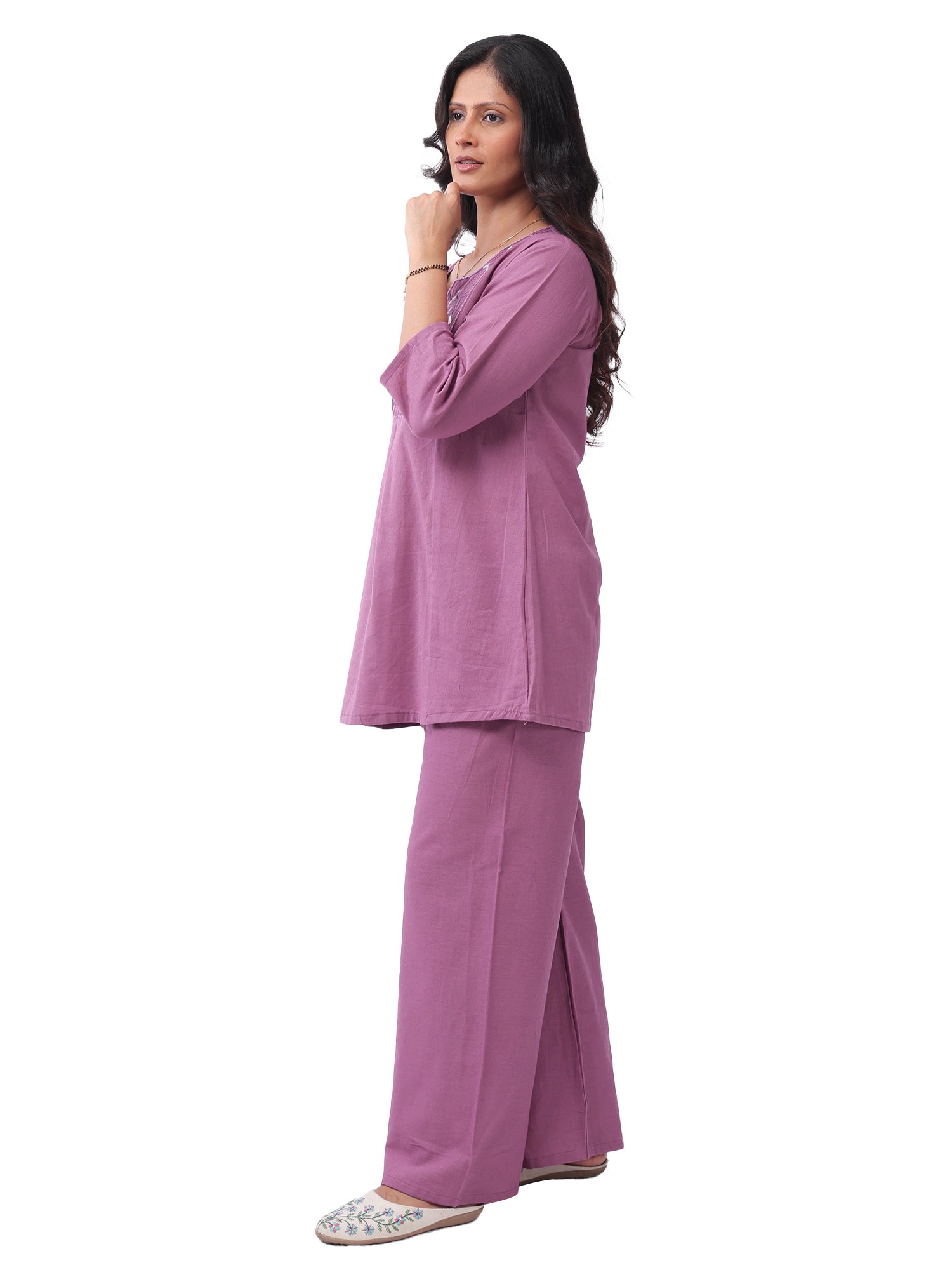 Women's Premium Cotton Embroidered Co-Ord Set | Floral Yoke Kurta with Wide Leg Pants | Mauve