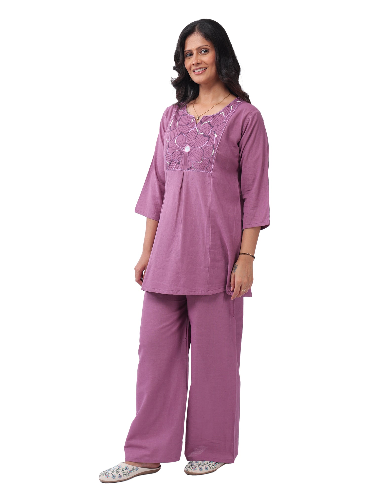 Women's Premium Cotton Embroidered Co-Ord Set | Floral Yoke Kurta with Wide Leg Pants | Mauve