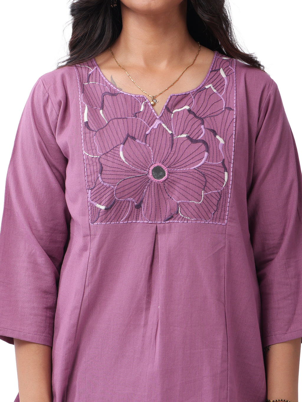 Women's Premium Cotton Embroidered Co-Ord Set | Floral Yoke Kurta with Wide Leg Pants | Mauve