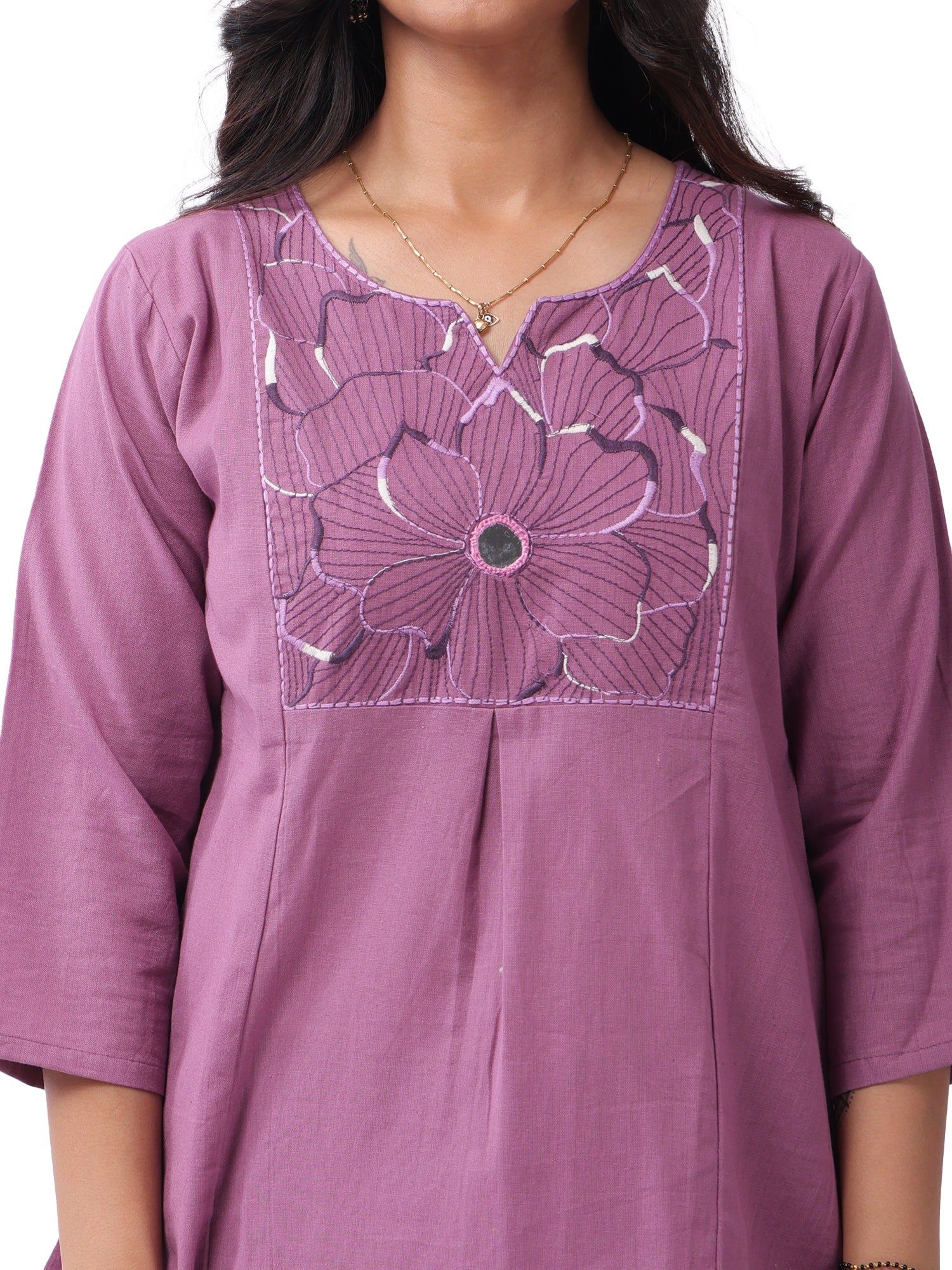 Women's Premium Cotton Embroidered Co-Ord Set | Floral Yoke Kurta with Wide Leg Pants | Mauve