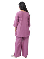 Women's Premium Cotton Embroidered Co-Ord Set | Floral Yoke Kurta with Wide Leg Pants | Mauve