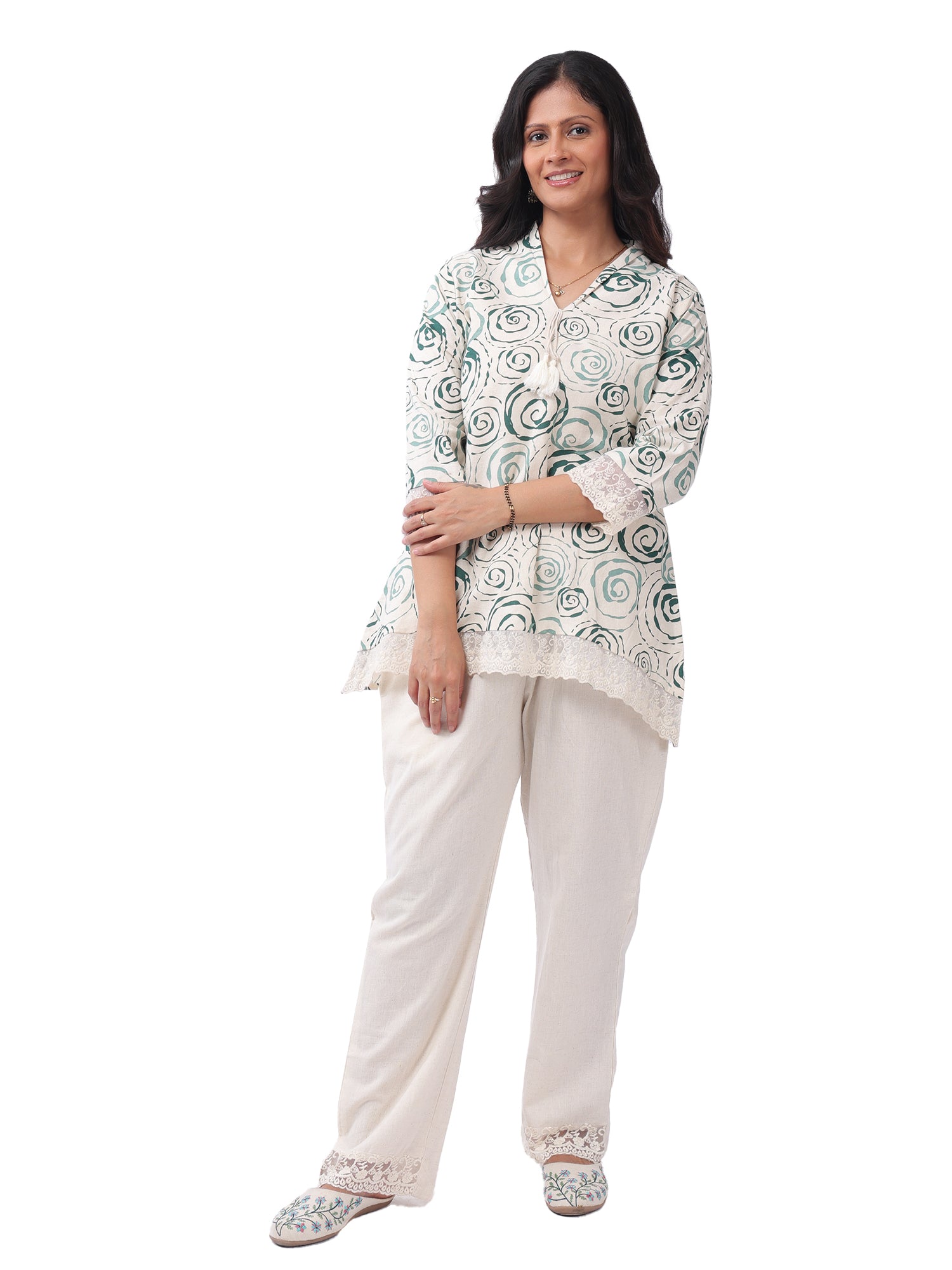 White & Green Printed Cotton Co-Ord Set with Lace Detailing