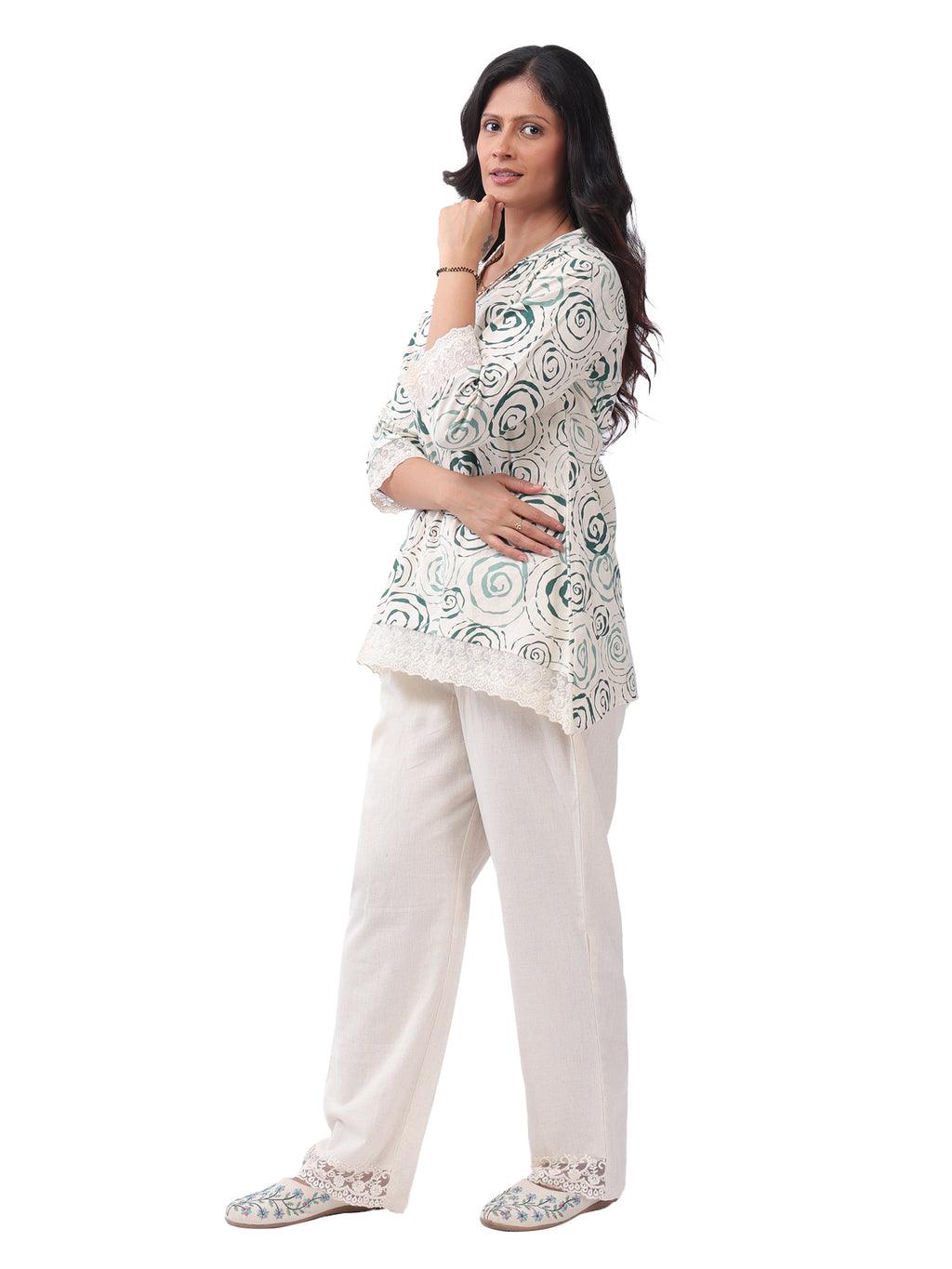 White & Green Printed Cotton Co-Ord Set with Lace Detailing