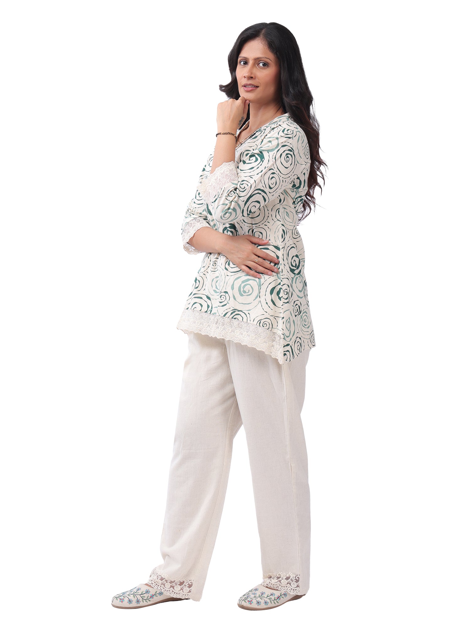 White & Green Printed Cotton Co-Ord Set with Lace Detailing