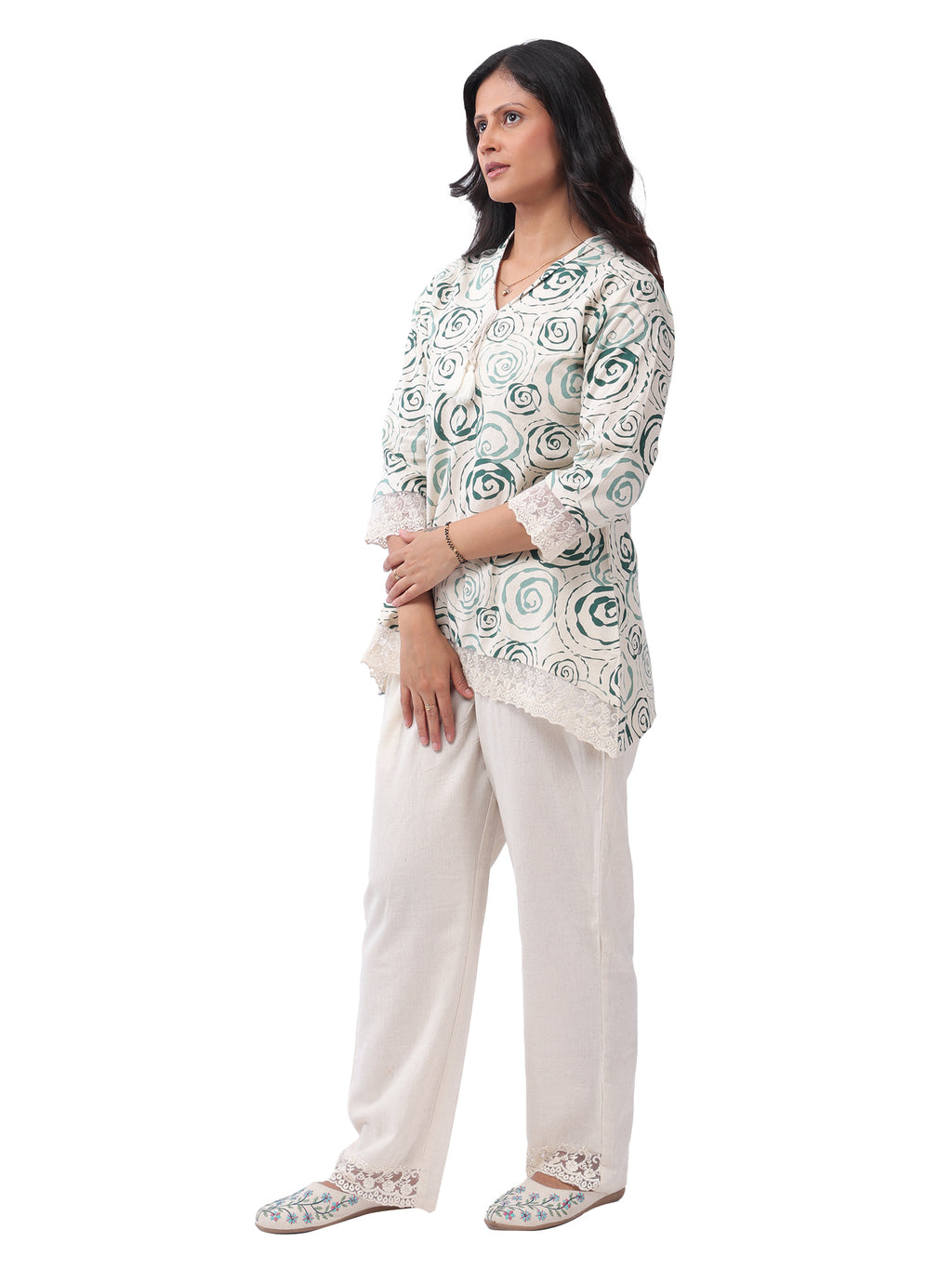 White & Green Printed Cotton Co-Ord Set with Lace Detailing