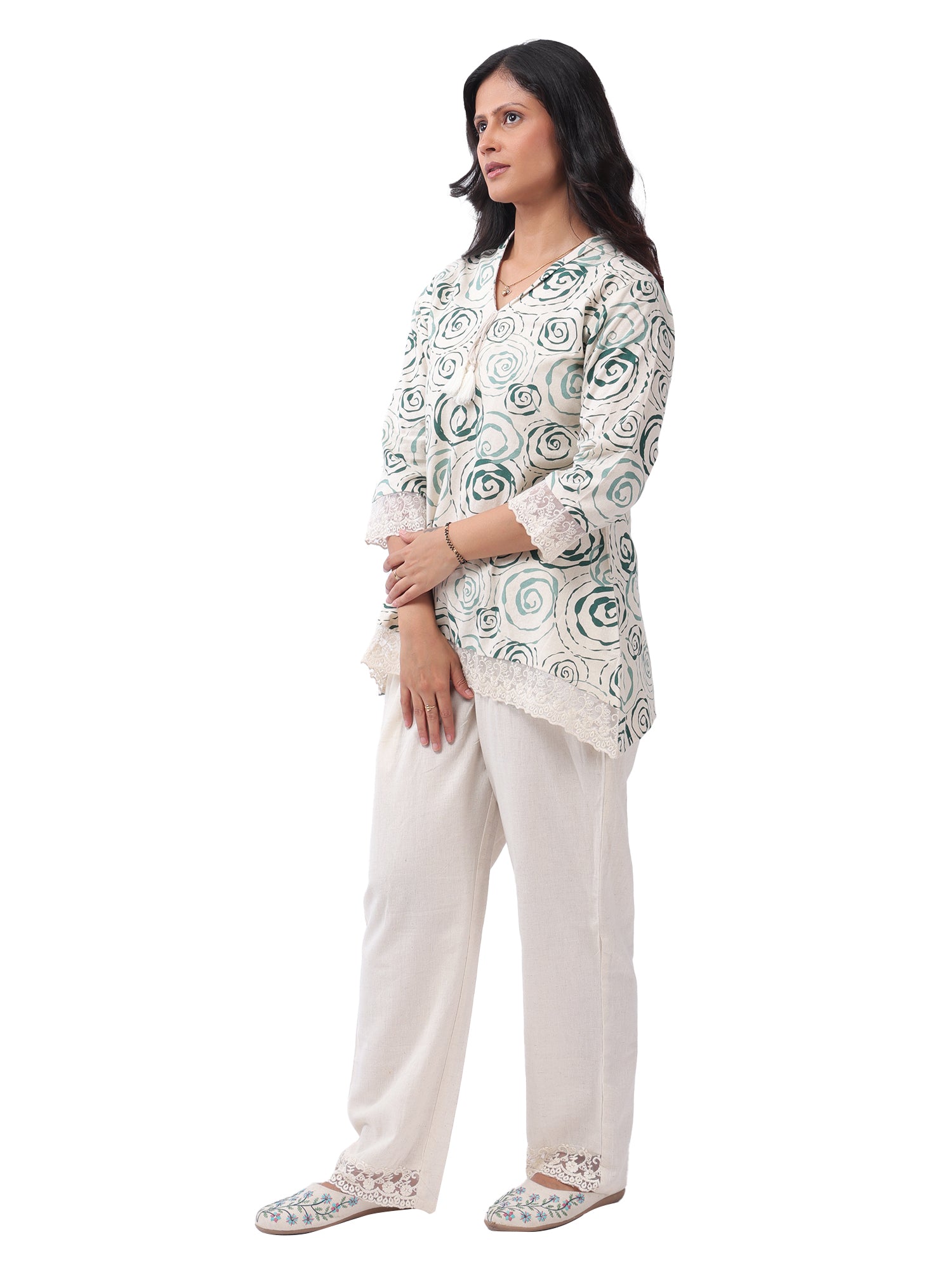 White & Green Printed Cotton Co-Ord Set with Lace Detailing