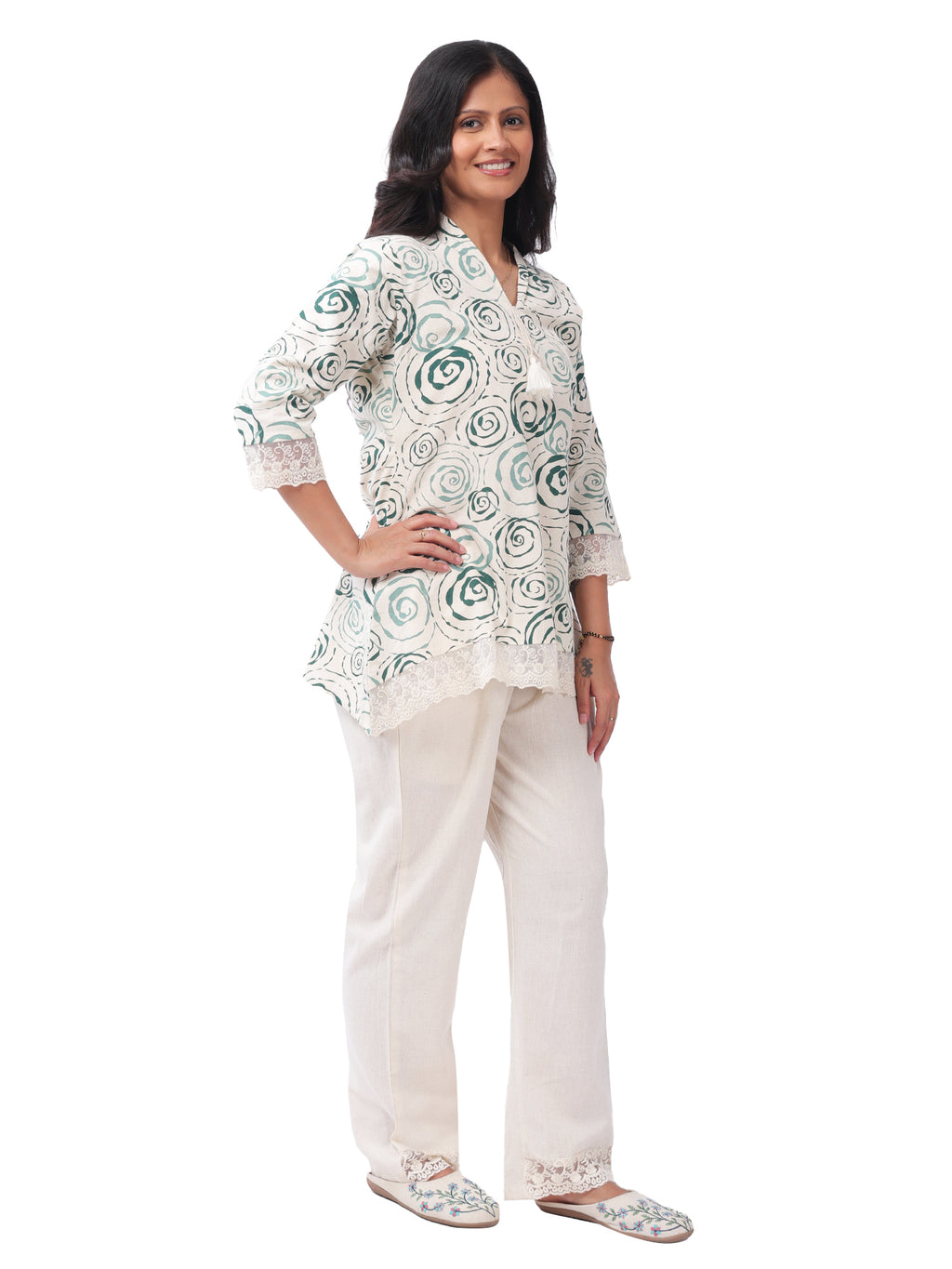 White & Green Printed Cotton Co-Ord Set with Lace Detailing