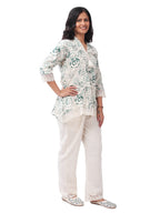 White & Green Printed Cotton Co-Ord Set with Lace Detailing