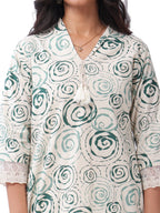 White & Green Printed Cotton Co-Ord Set with Lace Detailing