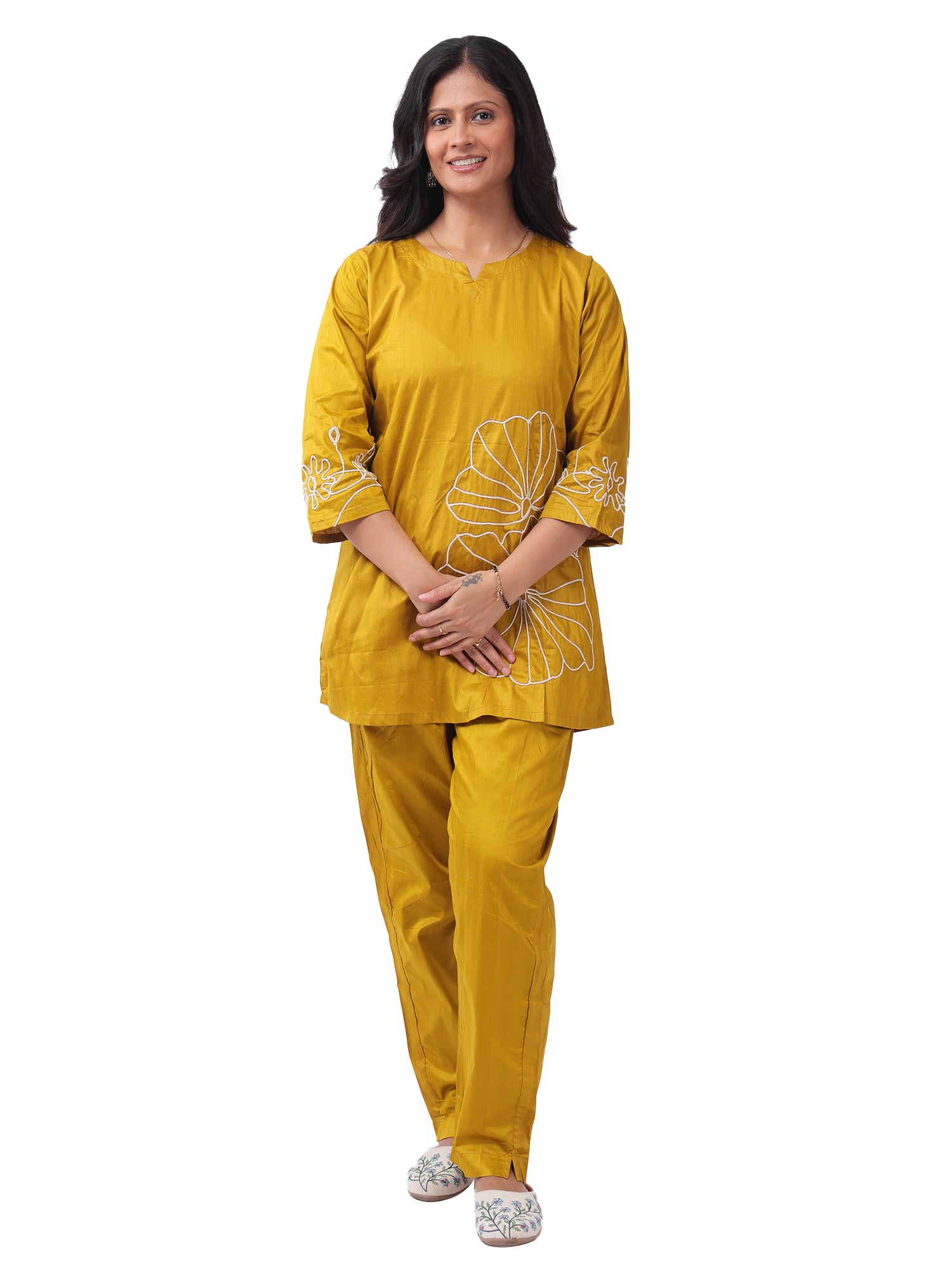 Mustard Yellow Silk Cotton Embroidered Co-Ord Set
