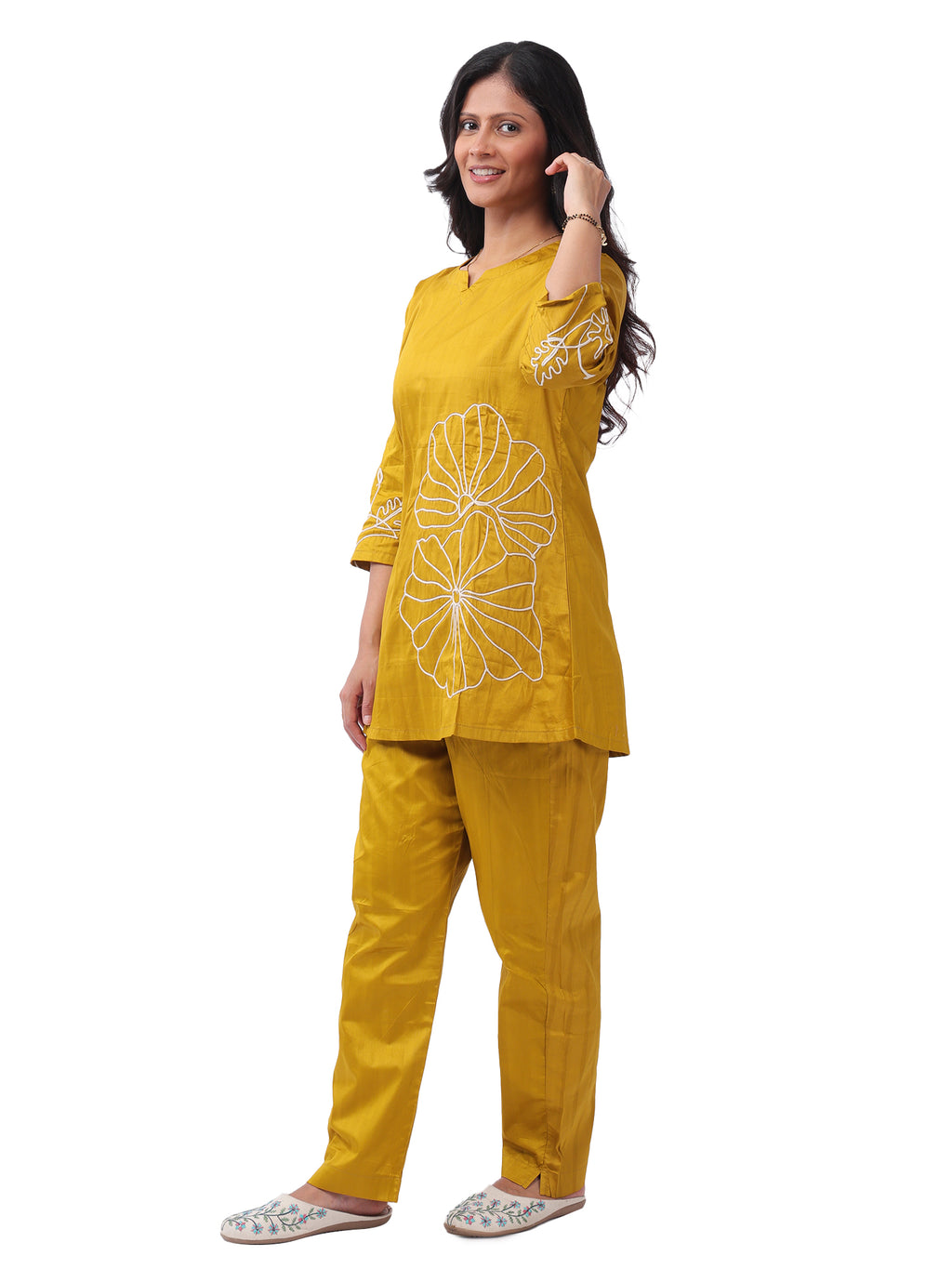 Mustard Yellow Silk Cotton Embroidered Co-Ord Set
