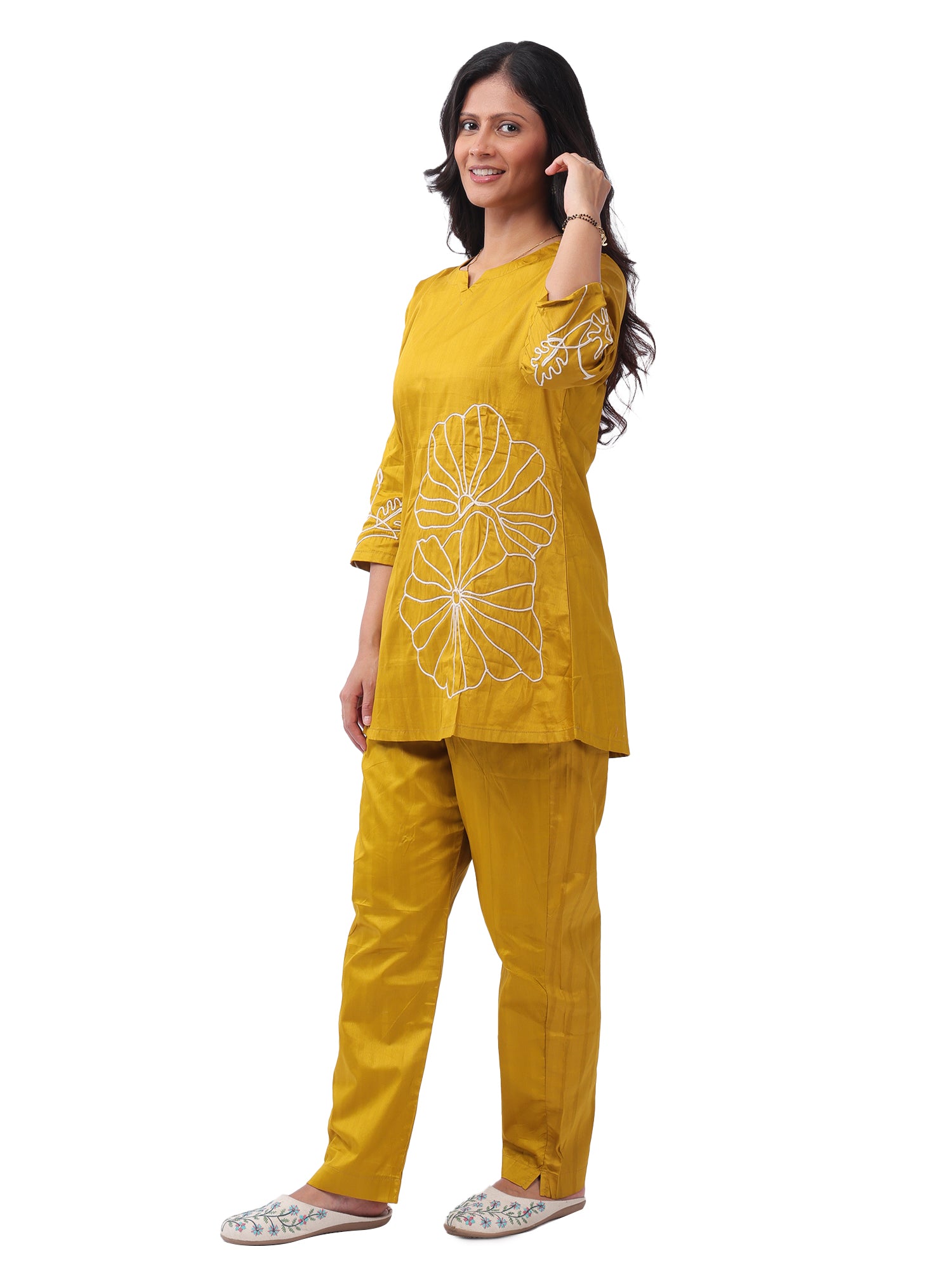 Mustard Yellow Silk Cotton Embroidered Co-Ord Set