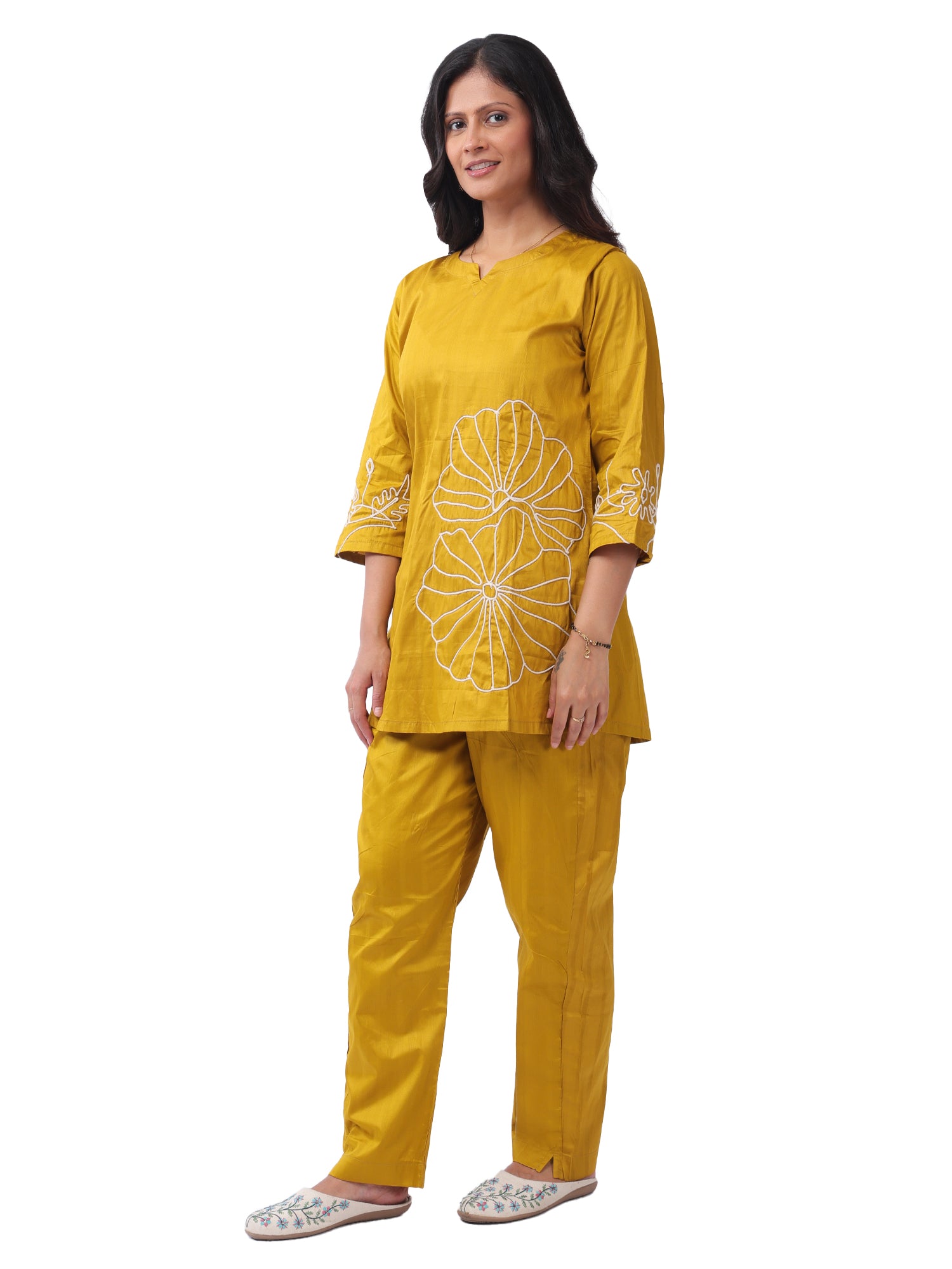 Mustard Yellow Silk Cotton Embroidered Co-Ord Set