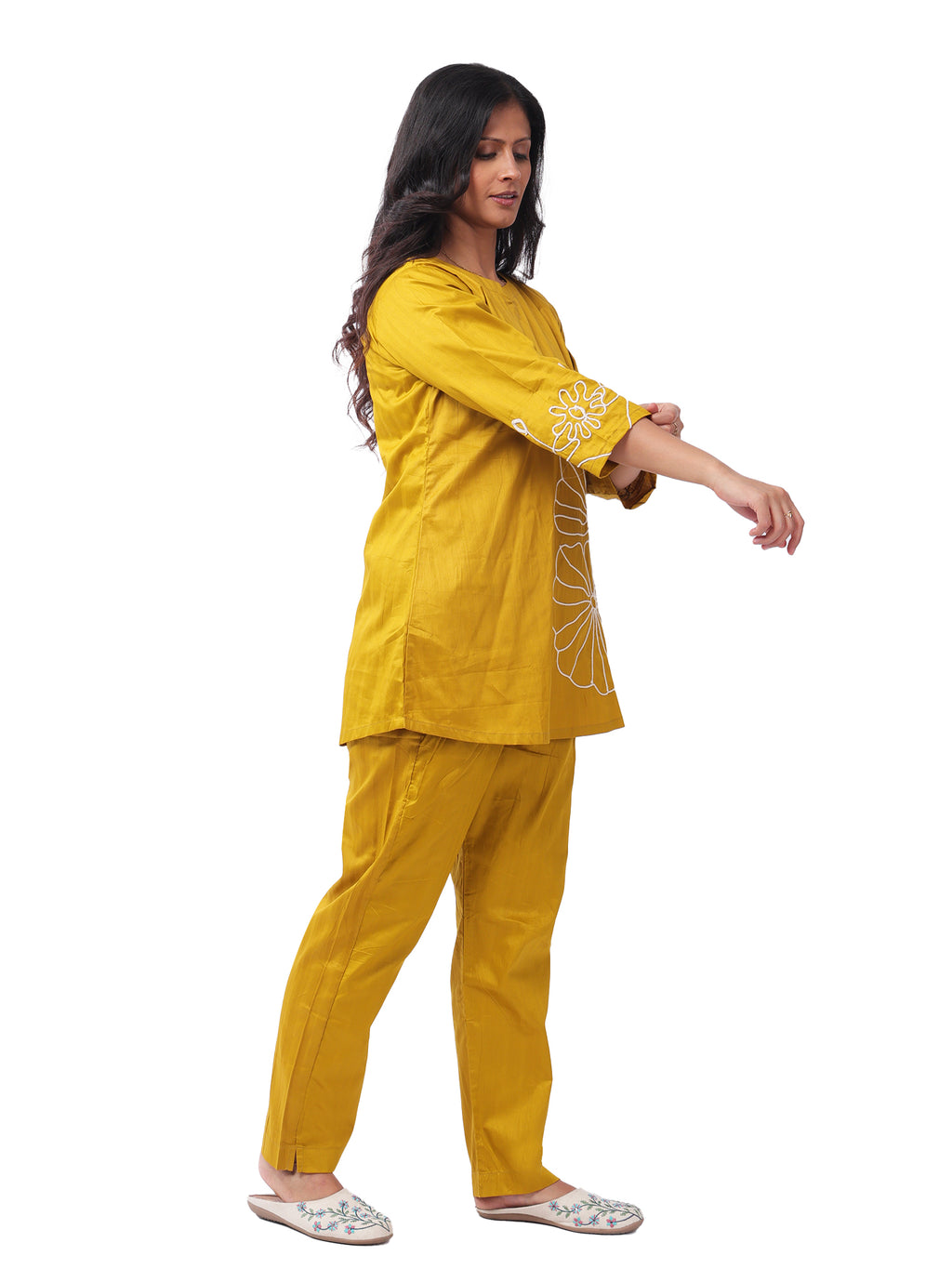 Mustard Yellow Silk Cotton Embroidered Co-Ord Set