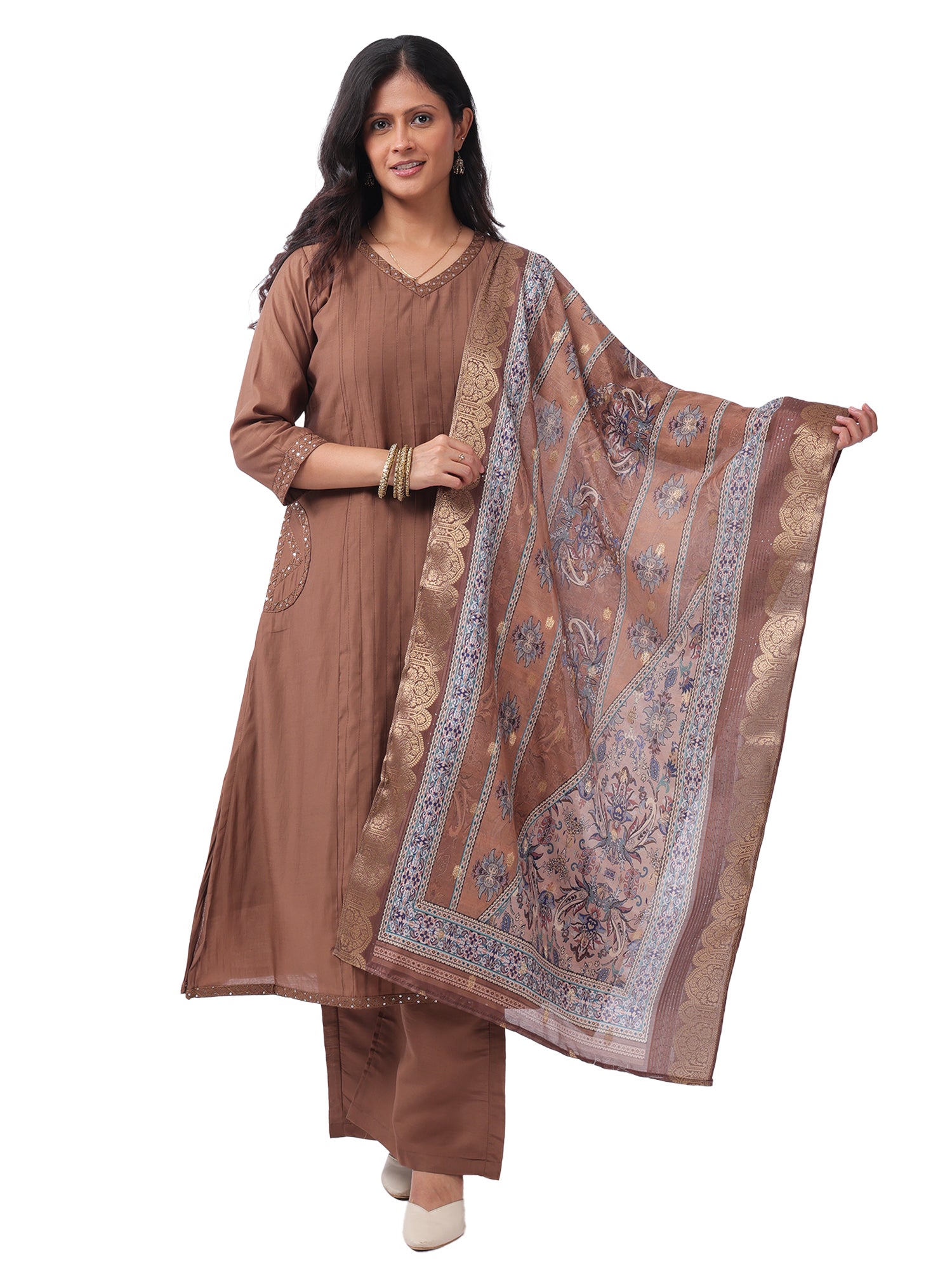 Fash'O'Holic Women's Premium Roman Silk Straight Kurta Pant Set with Printed Dupatta – Coffee Brown