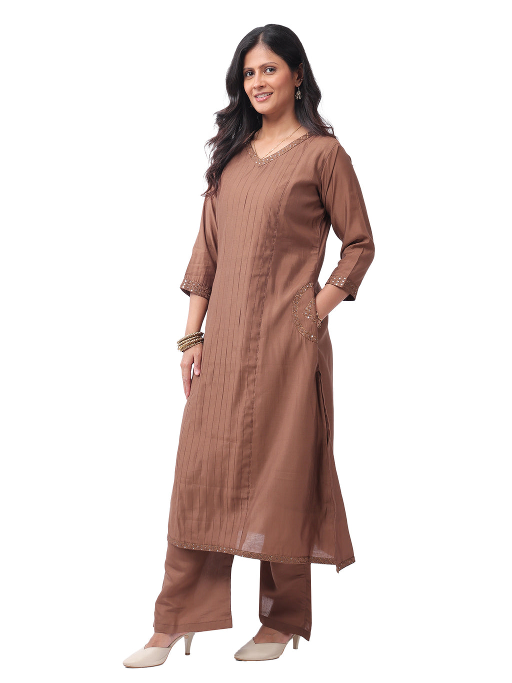 Fash'O'Holic Women's Premium Roman Silk Straight Kurta Pant Set with Printed Dupatta – Coffee Brown