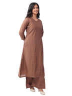 Fash'O'Holic Women's Premium Roman Silk Straight Kurta Pant Set with Printed Dupatta – Coffee Brown