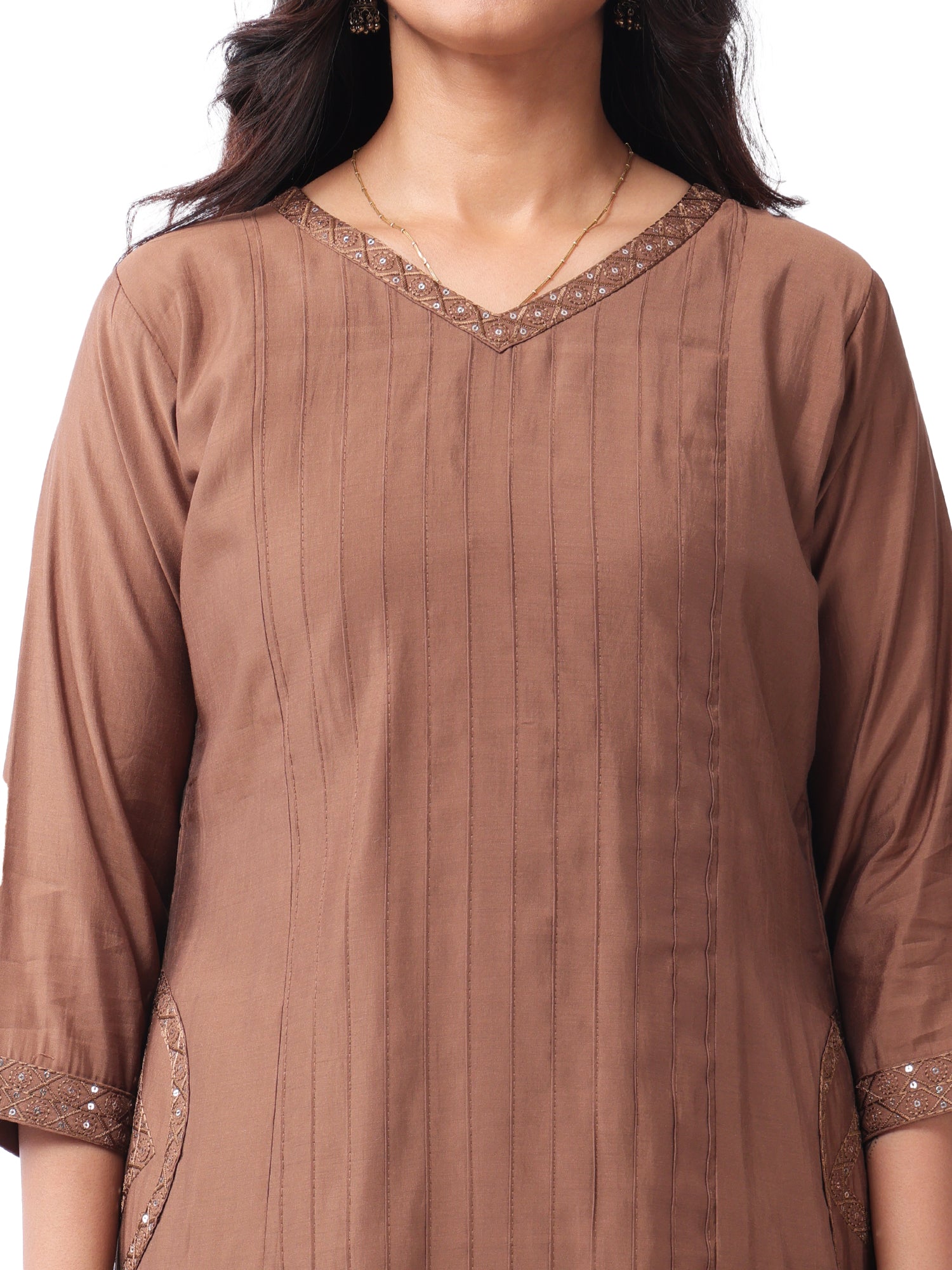 Fash'O'Holic Women's Premium Roman Silk Straight Kurta Pant Set with Printed Dupatta – Coffee Brown