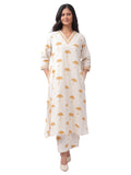 Fash'O'Holic Women's Ivory & Mustard Yellow Umbrella Print Straight Kurta Pant Set