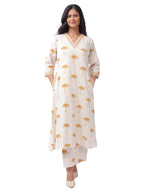 Fash'O'Holic Women's Ivory & Mustard Yellow Umbrella Print Straight Kurta Pant Set