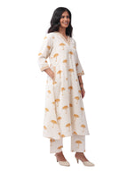 Fash'O'Holic Women's Ivory & Mustard Yellow Umbrella Print Straight Kurta Pant Set