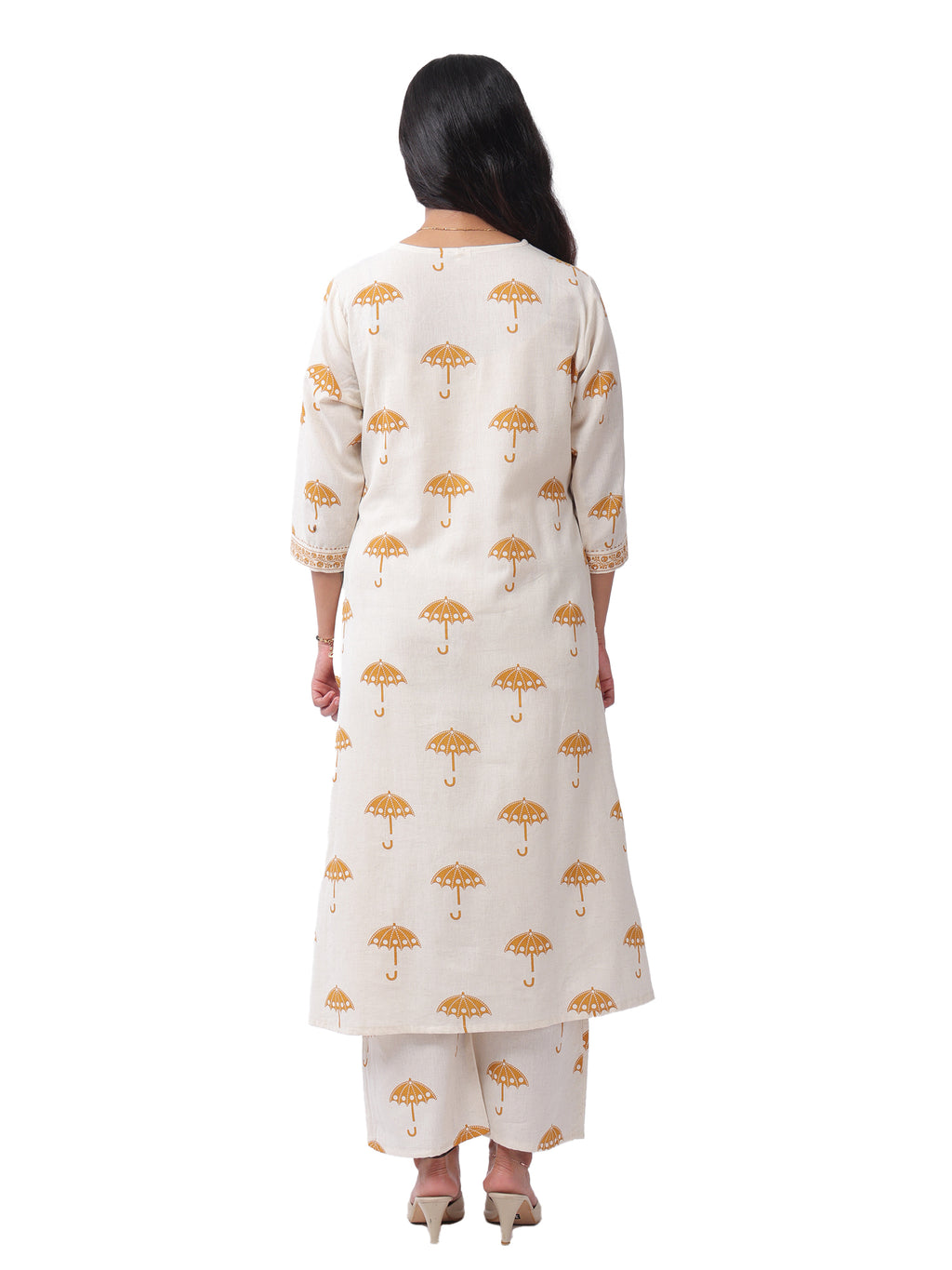 Fash'O'Holic Women's Ivory & Mustard Yellow Umbrella Print Straight Kurta Pant Set