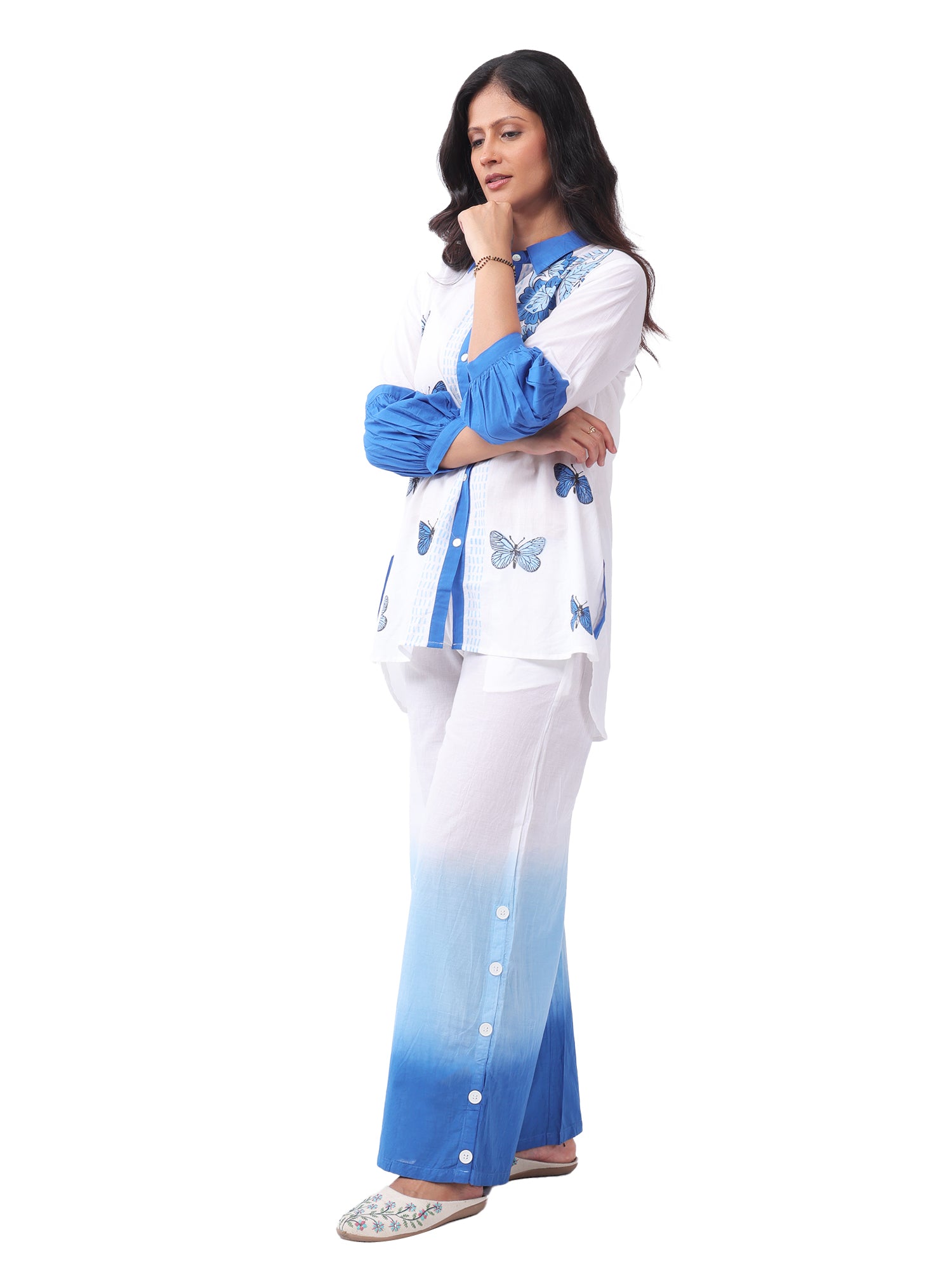 Fash'O'Holic Women's Premium White & Blue Printed Cotton Co-ord Set