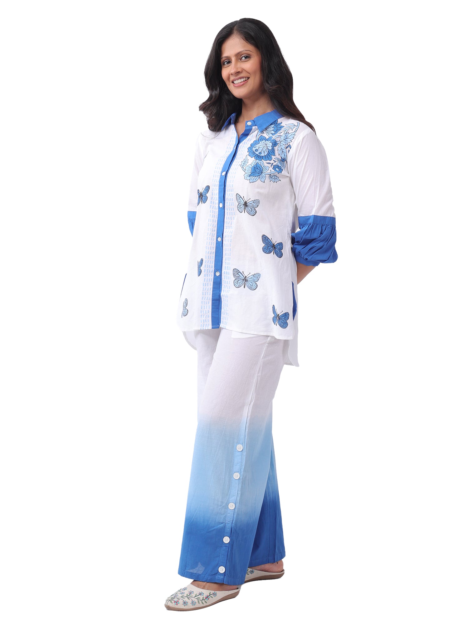 Fash'O'Holic Women's Premium White & Blue Printed Cotton Co-ord Set